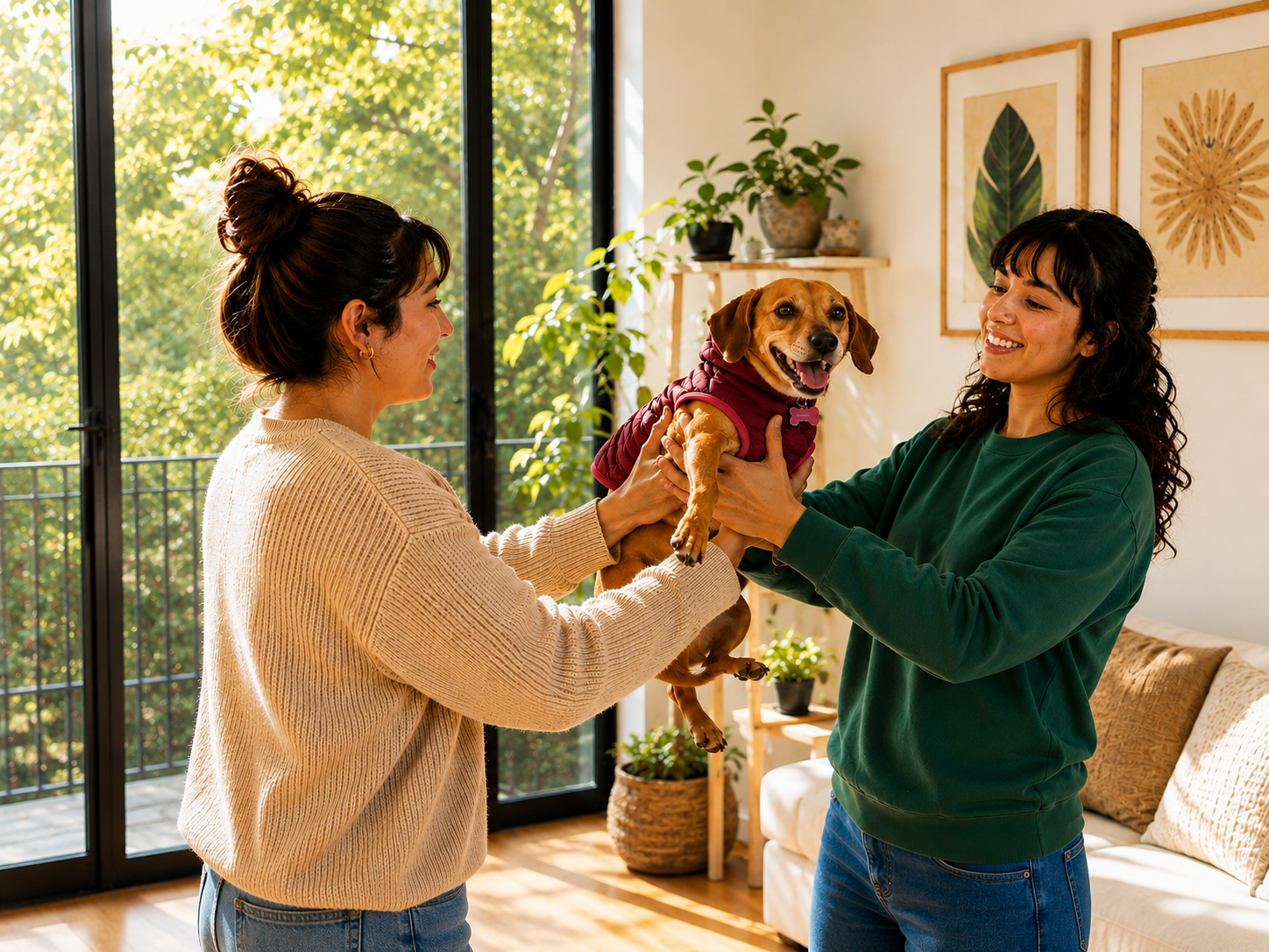 Tutora entregando su mascota a una cuidadora Nanai
